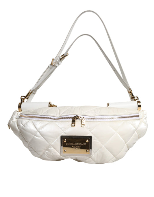 White Quilted Logo Plaque Belt Waist Fanny Pack Bag