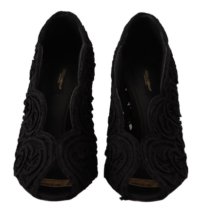 Black Cordonetto Ricamo Pump Open Toe Shoes