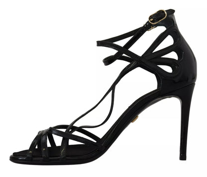 Black Leather Stiletto Heels Sandals Shoes