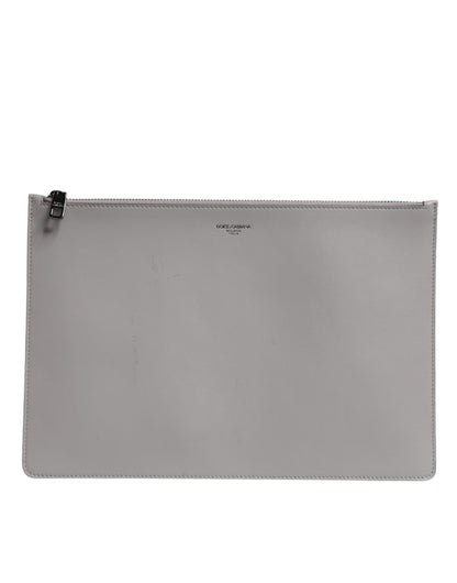 Gray Solid Leather DG Logo Men Clutch Zip Pouch Bag