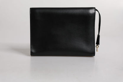 Black Leather Logo Plaque Document Briefcase Bag