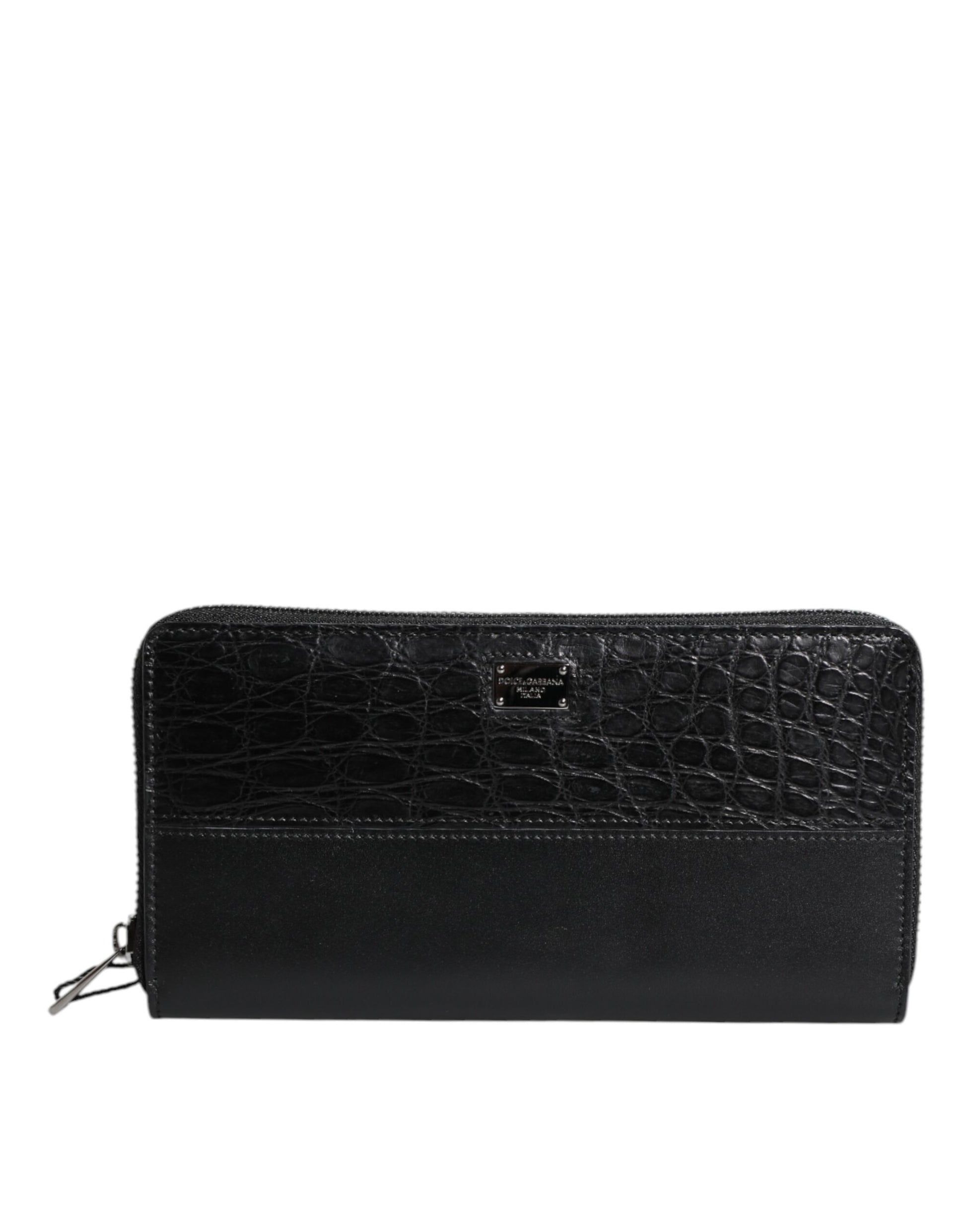 Black Leather Logo Plaque Zip Around Continental Wallet