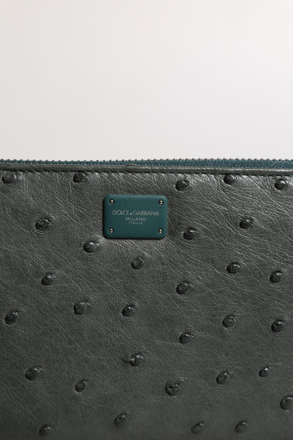 Green Ostrich Logo Plaque Zip Around Continental Wallet