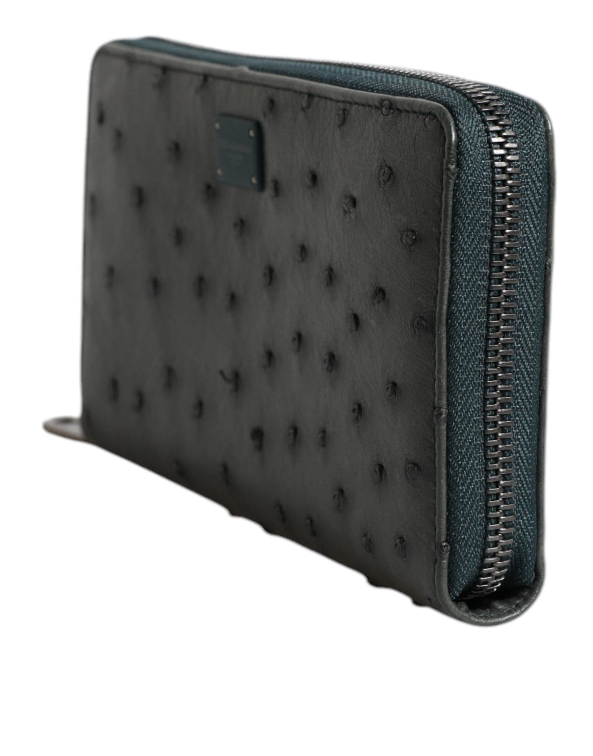 Green Ostrich Logo Plaque Zip Around Continental Wallet