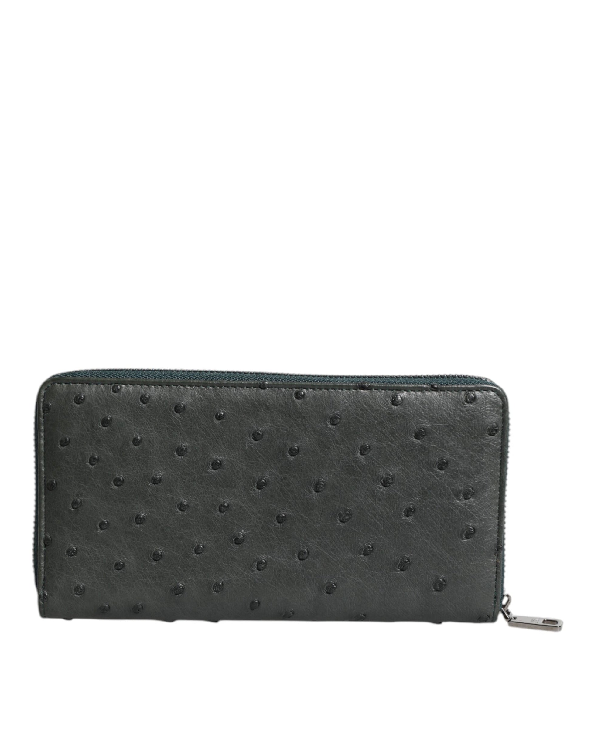 Green Ostrich Logo Plaque Zip Around Continental Wallet