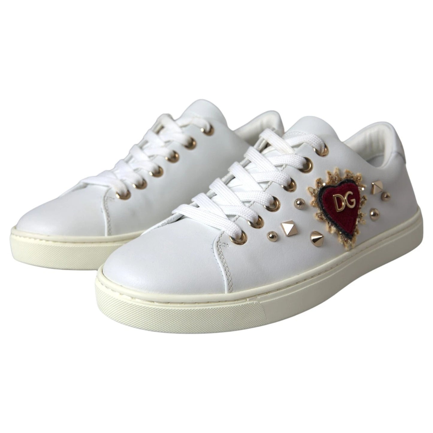 White Leather Gold Red Heart Sneakers Shoes