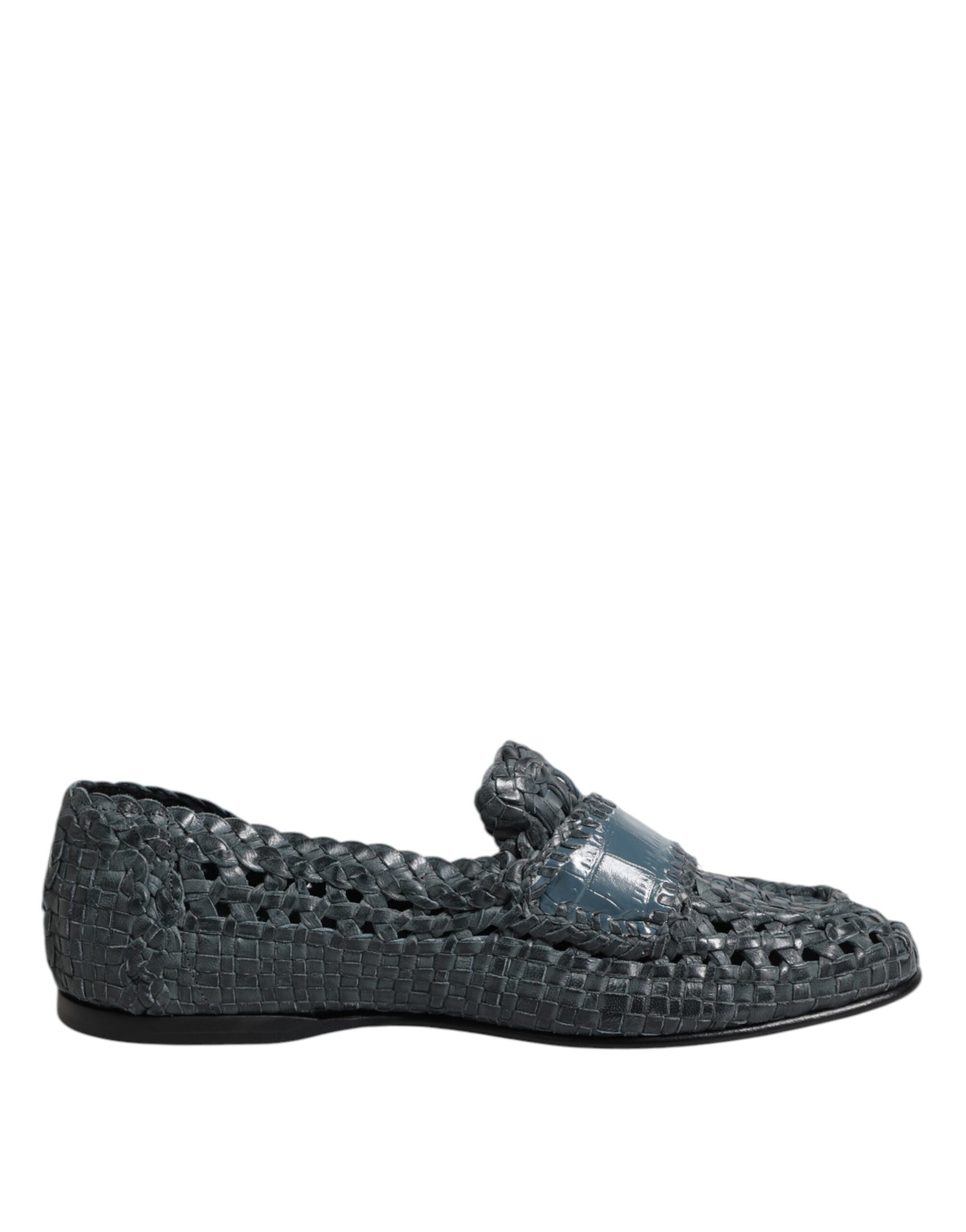 Blue Woven Leather Slip On Loafers Shoes