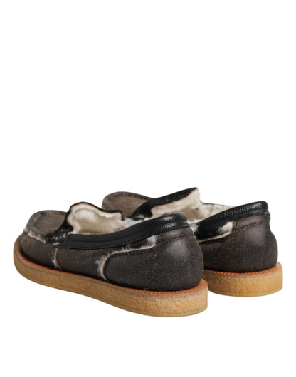 Brown White Calfskin Leather Loafers Shoes