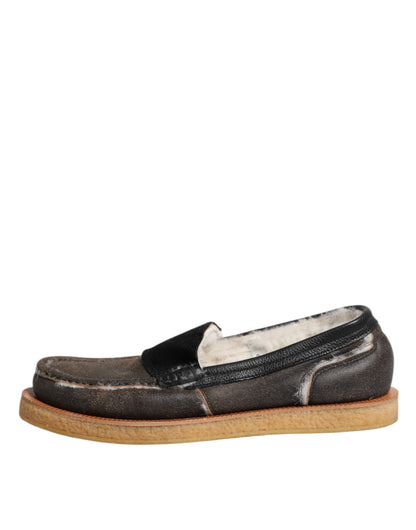 Brown White Calfskin Leather Loafers Shoes