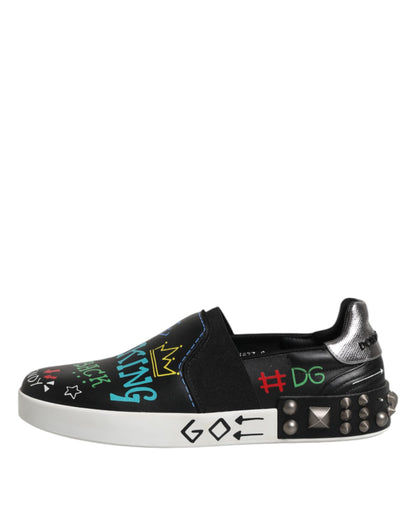 Black Leather Studded Graffiti Sneakers Shoes