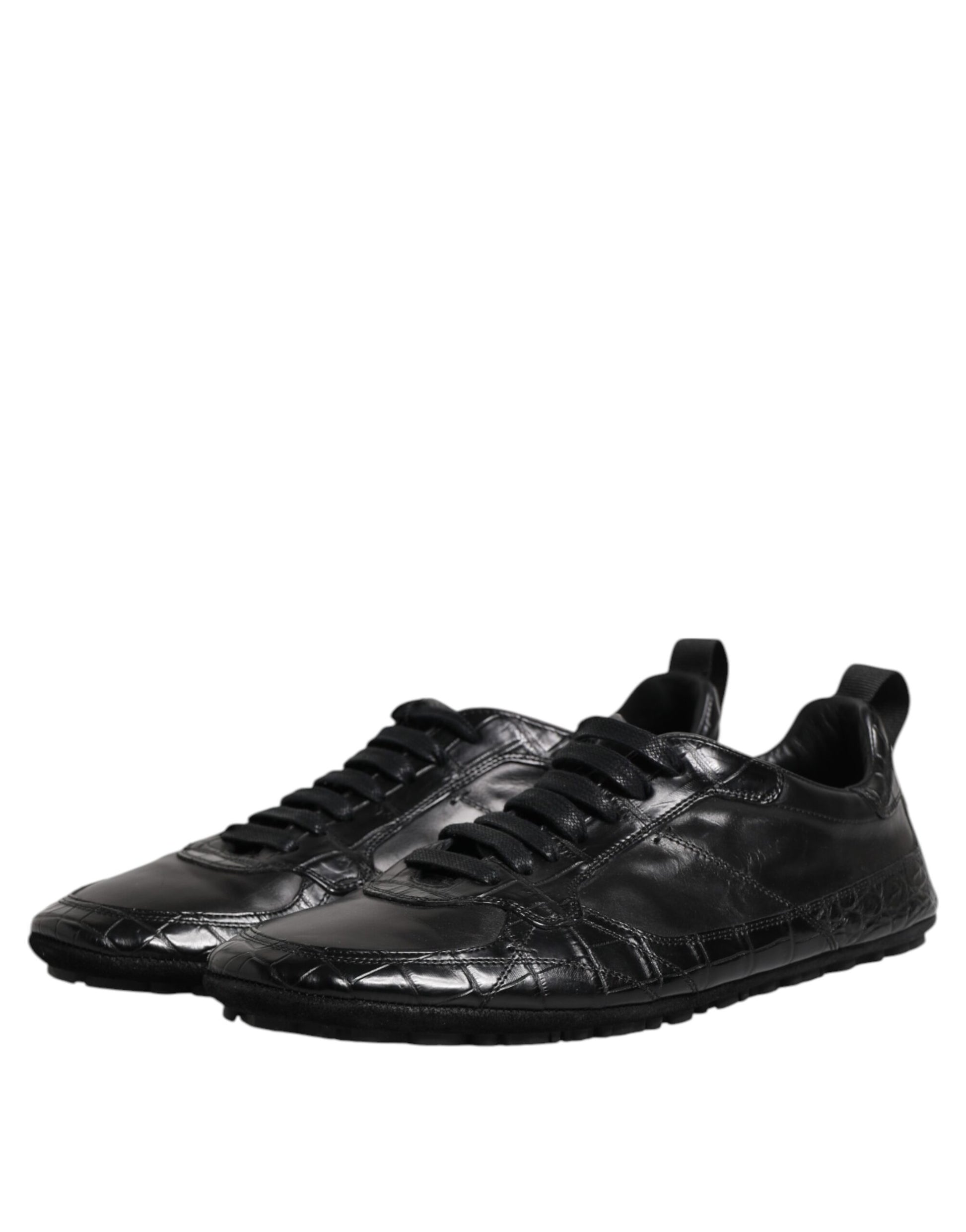 Black Exotic Leather Low Top Sneakers Shoes