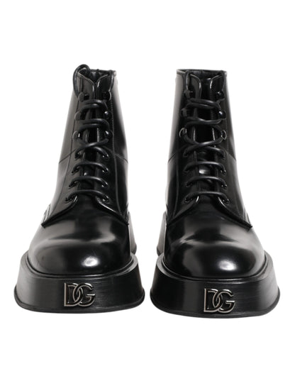 Black Leather Logo Ankle Boots Lace Up Shoes