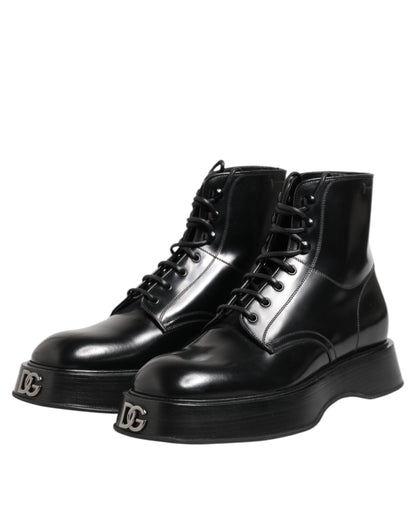 Black Leather Logo Ankle Boots Lace Up Shoes