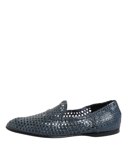 Blue Woven Leather Slip On Loafers Shoes