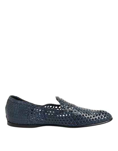 Blue Woven Leather Slip On Loafers Shoes