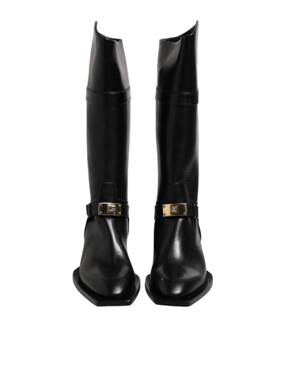 Black Calfskin Leather High Boots Shoes