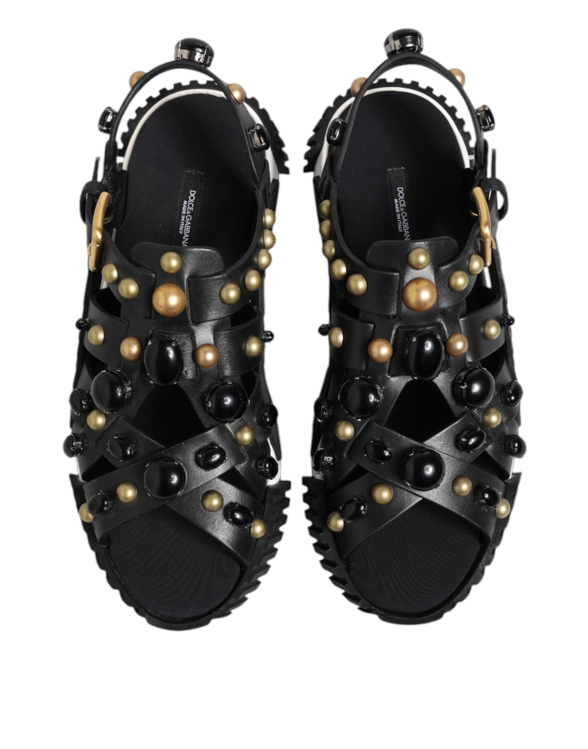 Black Leather Studded Ankle Strap Sandals Shoes