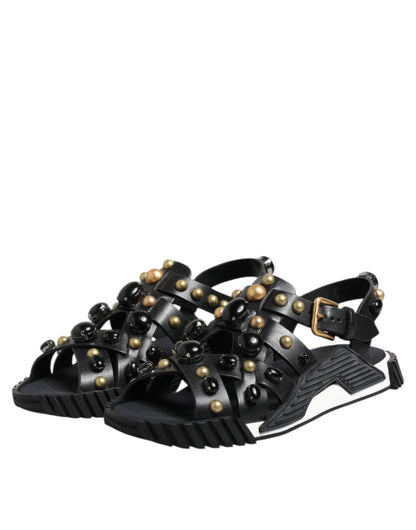 Black Leather Studded Ankle Strap Sandals Shoes