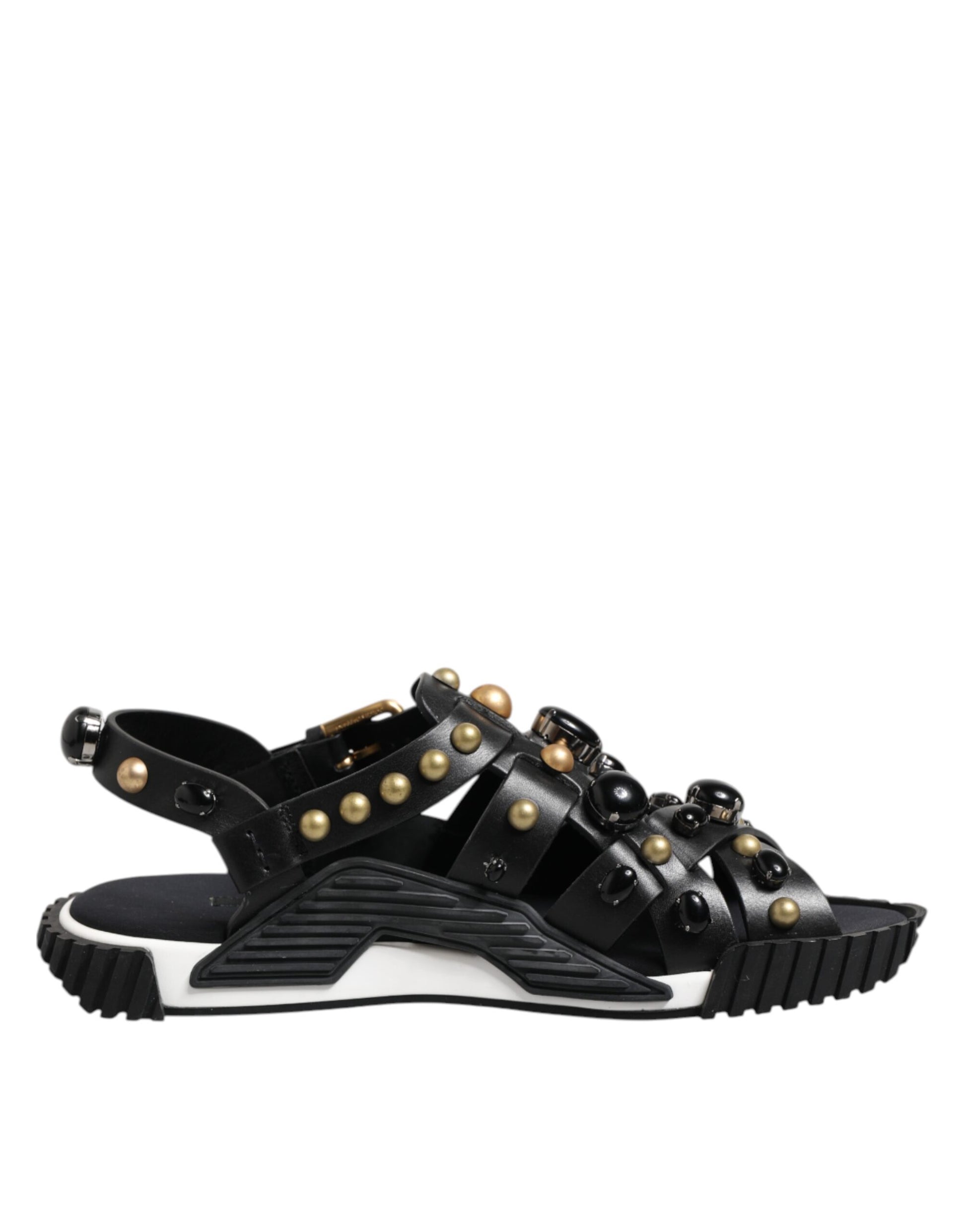 Black Leather Studded Ankle Strap Sandals Shoes