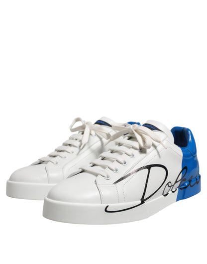 White Blue Low Top Leather Sneakers Shoes