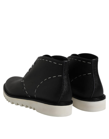 Black White Leather Ankle Boots Shoes
