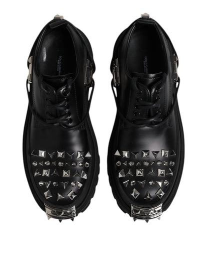 Black Leather Embellished Trekking Derby Shoes
