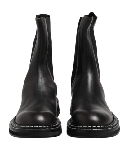 Black Leather Mid Calf Boots Flats Shoes