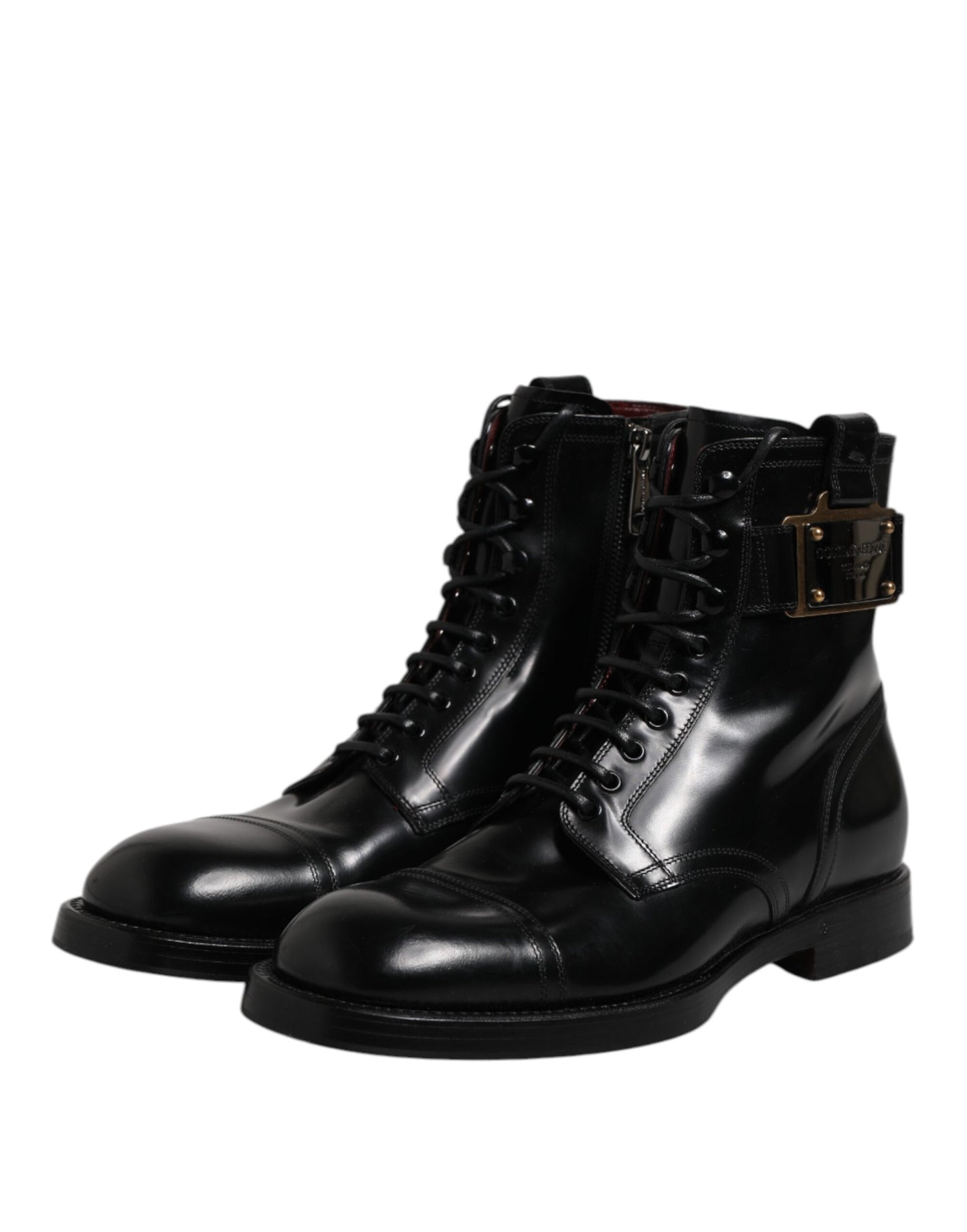 Black Leather Mid Calf Boots Lace Up Shoes