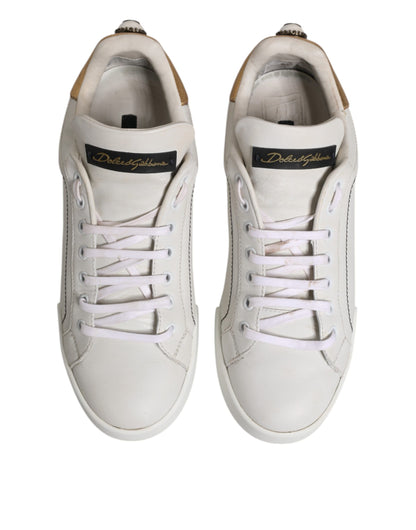 White Gold Leather Low Top Sneakers Shoes