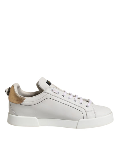 White Gold Leather Low Top Sneakers Shoes