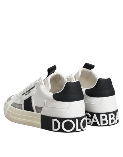 White Black Leather Low Top Sneakers Shoes