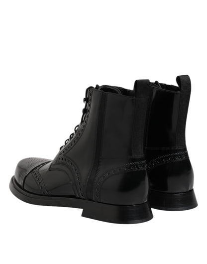 Black Leather Lace Up Mid Calf Boots Shoes