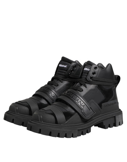 Black Leather Trekking Sneakers Boots Shoes