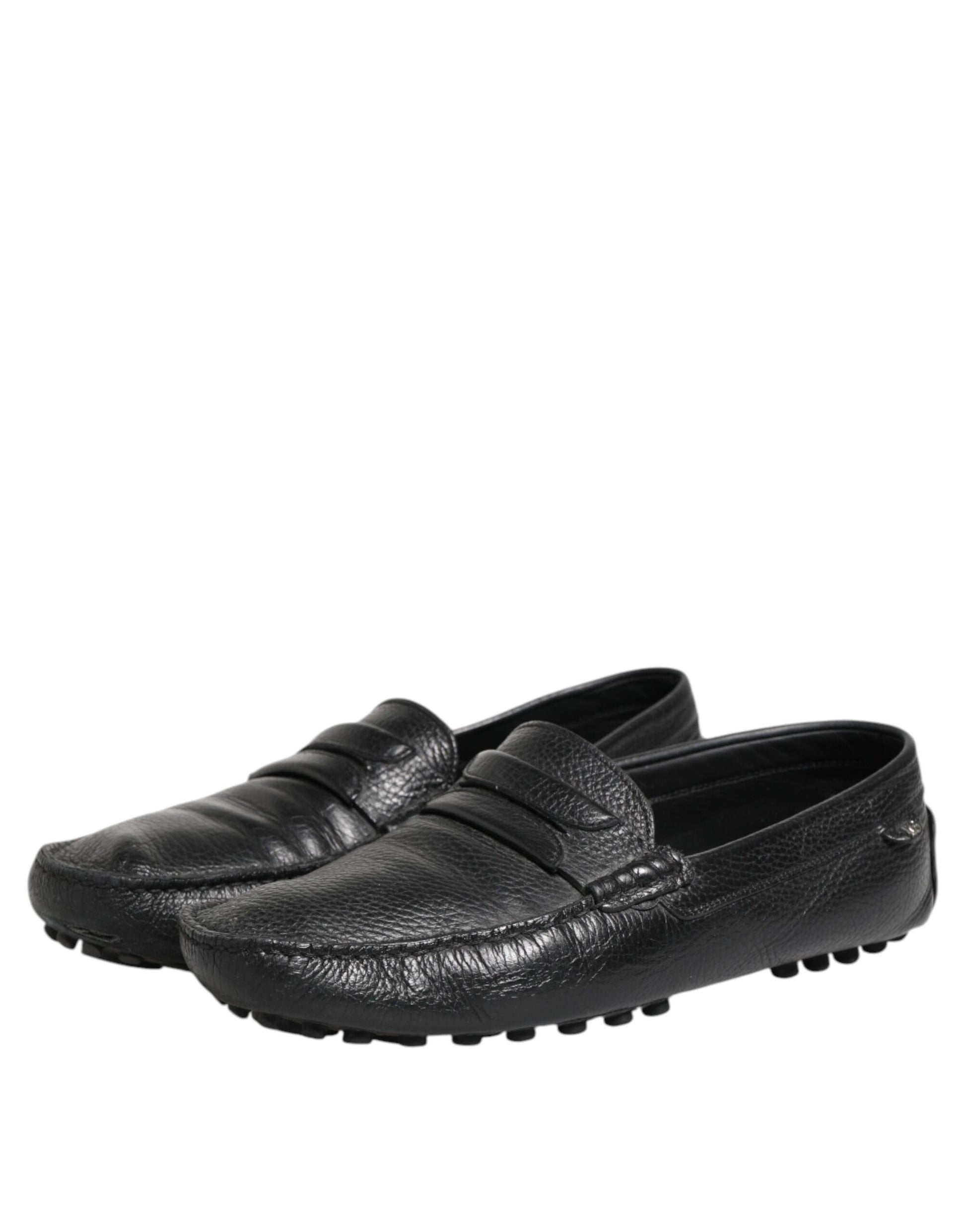 Black Leather Slip On Mocassin Loafer Shoes