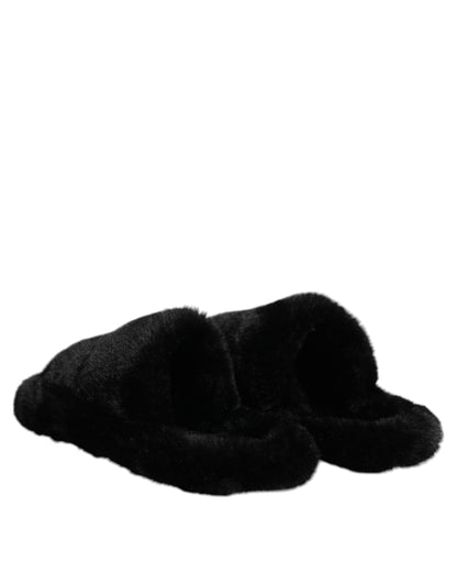 Black Faux Fur Flats Men Sandals Shoes