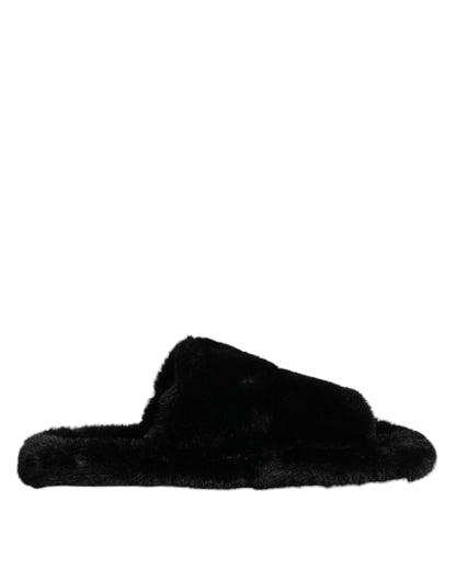 Black Faux Fur Flats Men Sandals Shoes
