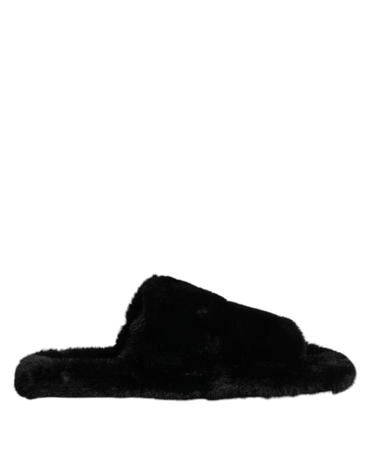 Black Faux Fur Flats Men Sandals Shoes
