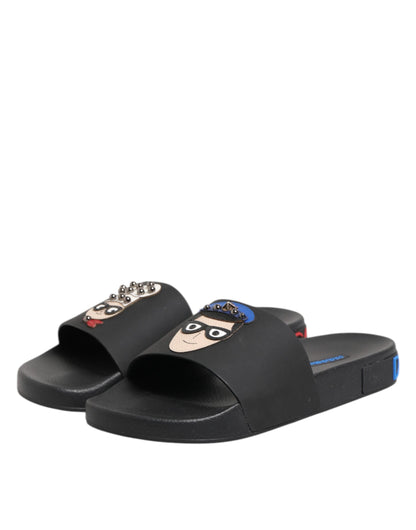 Black Leather Slides Flats Beachwear Shoes