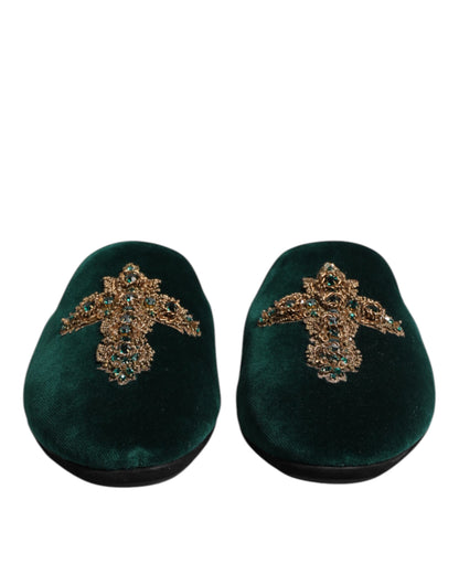 Green Velvet Cross Embellished Slippers Shoes