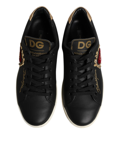 Black Leather Sacred Heart Sneakers Shoes