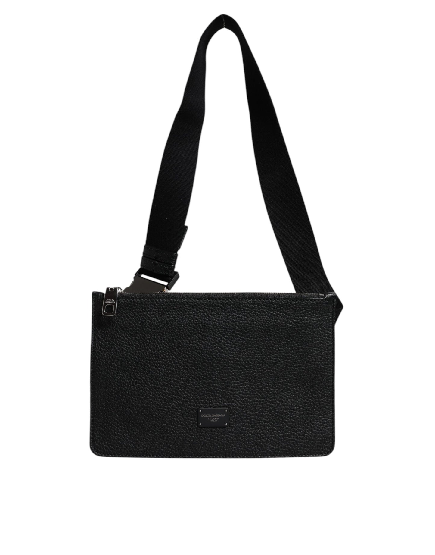 Black Leather Logo Embossed Waist Fanny Pack Bag