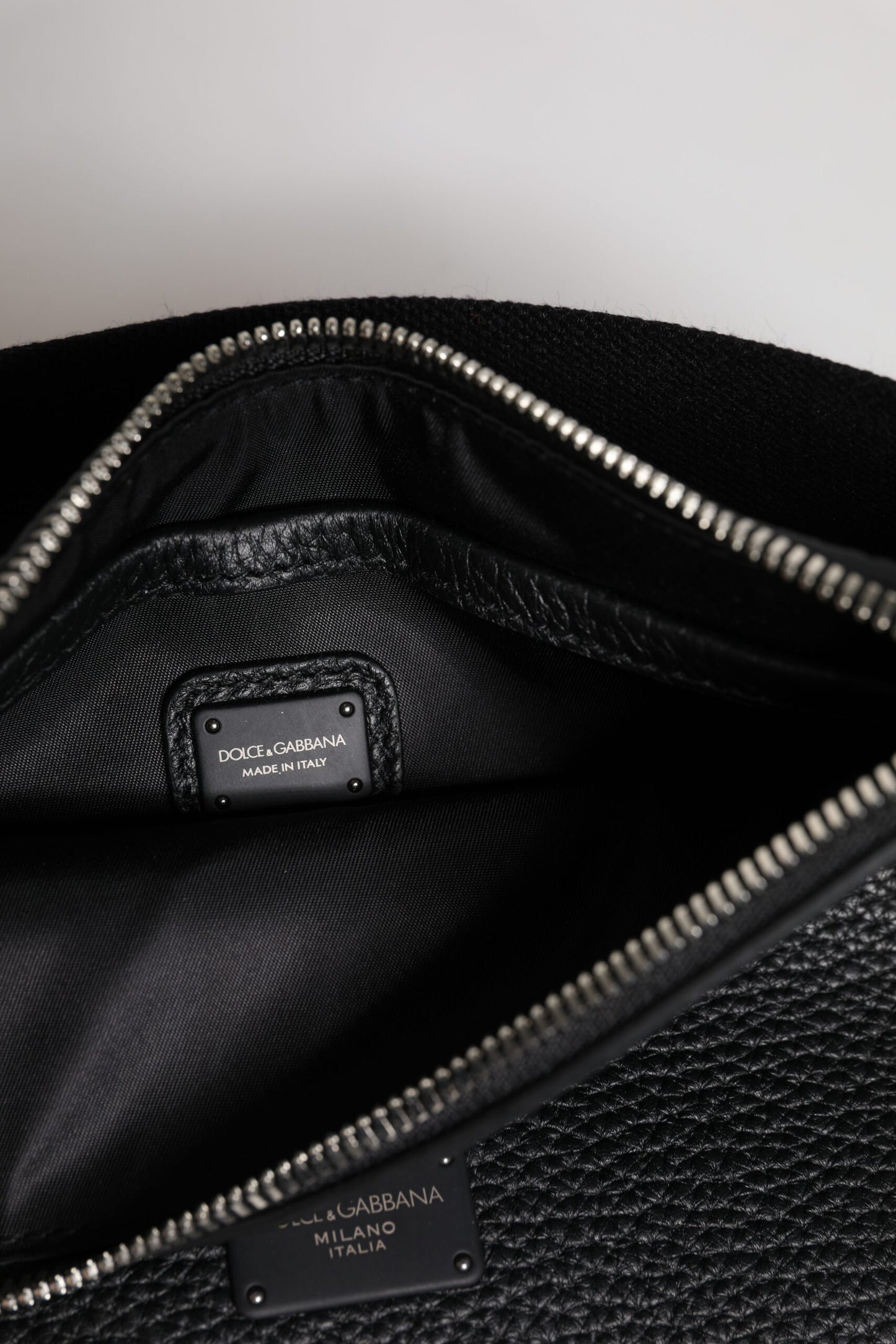 Black Leather Logo Embossed Waist Fanny Pack Bag