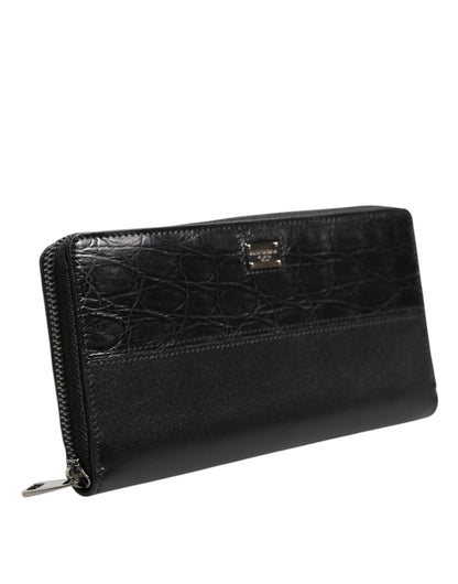 Black Leather DG Plaque Zip Around Continental Wallet