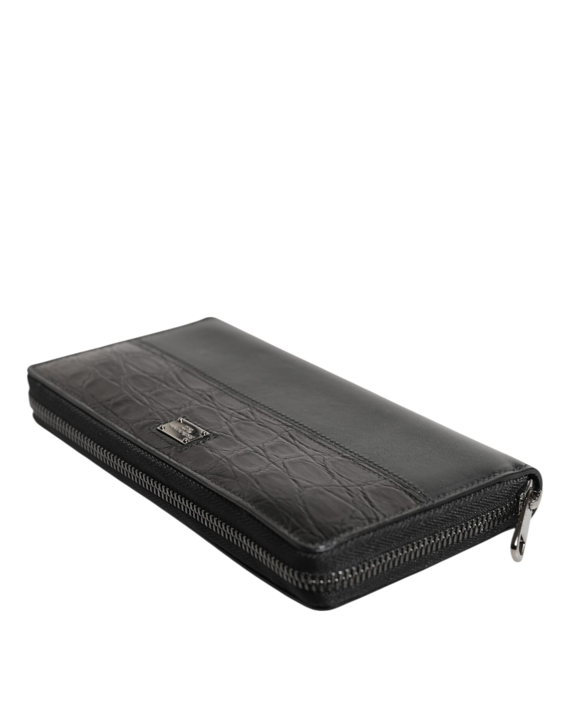 Black Leather DG Plaque Zip Around Continental Wallet