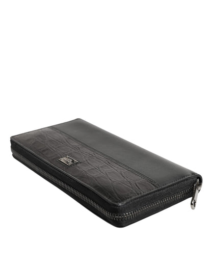 Black Leather DG Plaque Zip Around Continental Wallet