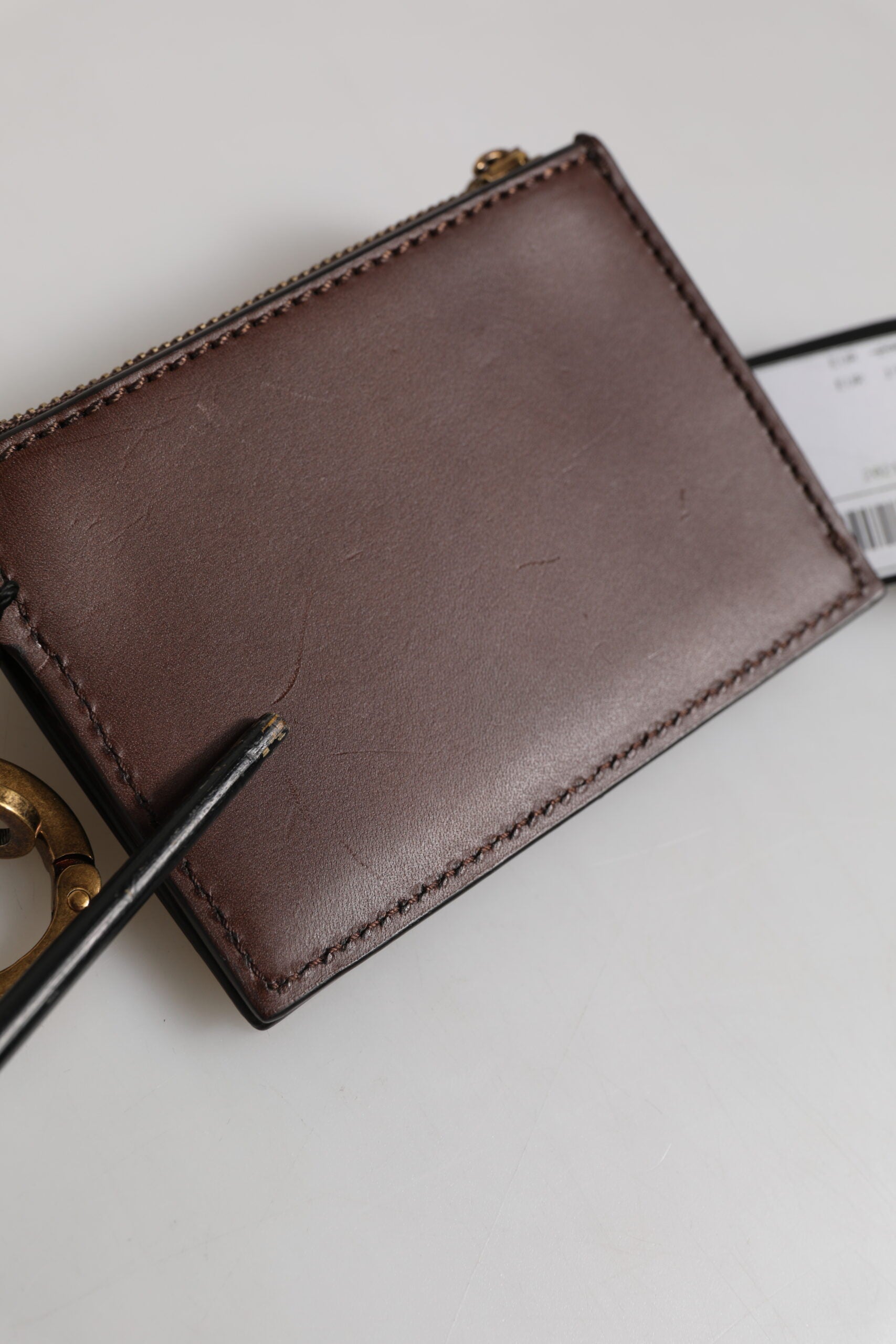 Brown Calf Leather Zip Logo Keyring Coin Purse Men Wallet