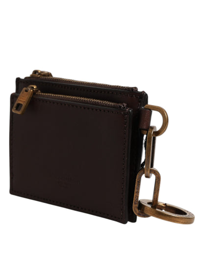 Brown Calf Leather Zip Logo Keyring Coin Purse Men Wallet