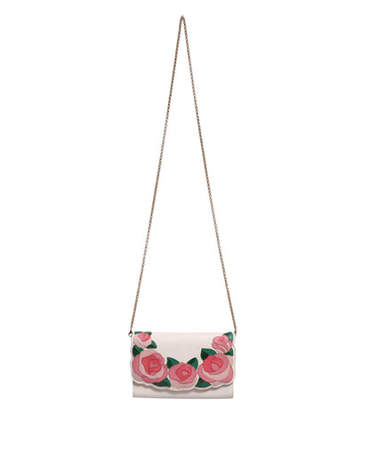 White Floral Leather Wallet Crossbody Gold Chain Bag