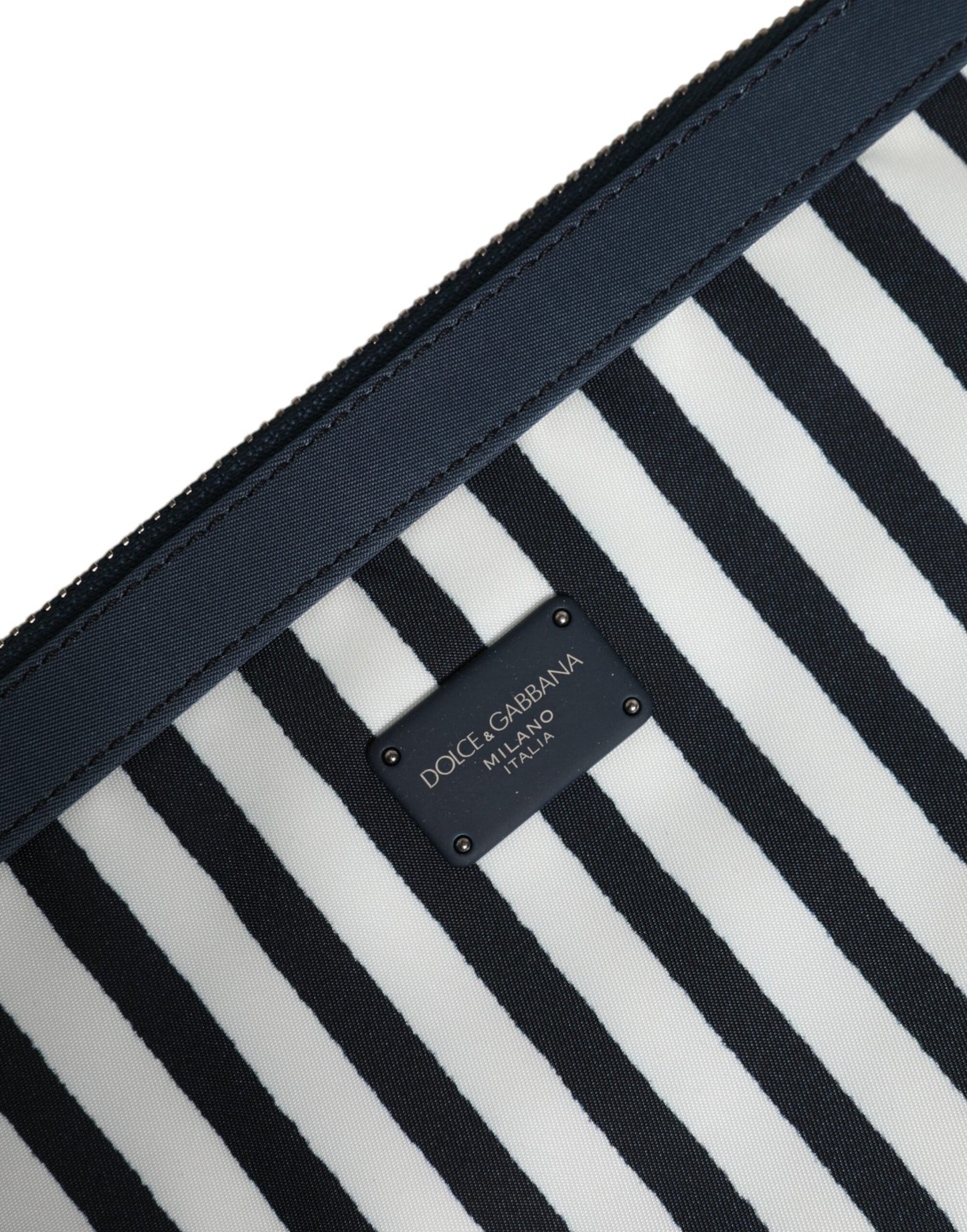 Black White Striped Logo Plaque Clutch Pouch Bag