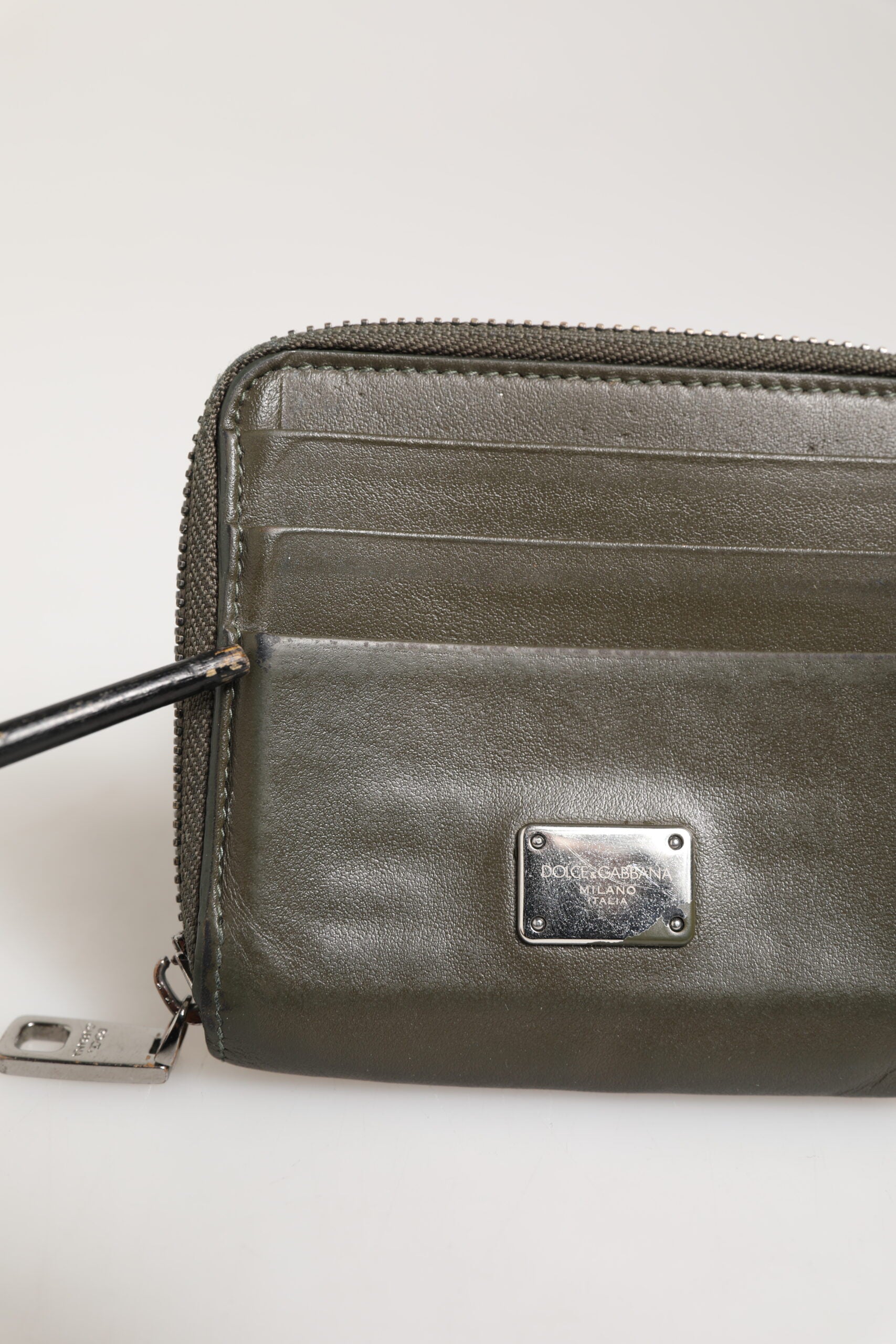 Military Green Leather Logo Plaque Card Holder Coin Purse Wallet